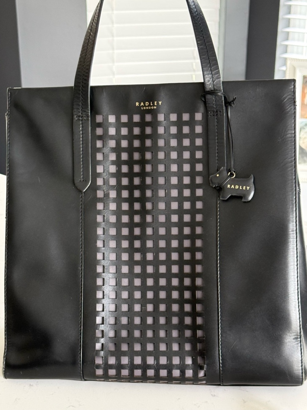RADLEY LONDON Black Leather Tote with Cutout Grid Panel